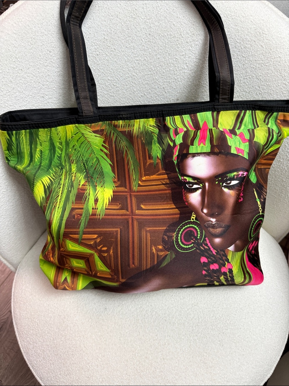 Tropical Print Canvas Tote Bag - Neon Green & Brown